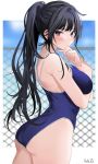  1girl ass black_eyes black_hair blue_sky blue_swimsuit blurry breasts chain-link_fence cloud commentary_request competition_school_swimsuit cowboy_shot depth_of_field fence hand_on_own_chin highres long_hair medium_breasts original ponytail school_swimsuit sky solo swimsuit twitter_username xretakex 