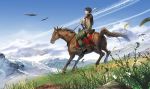  1boy akakokko_(niro_azarashi) animal armor arslan_senki bird black_footwear black_hair cape character_request day from_behind grass headband holding horse horseback_riding jimsa_(arslan_senki) leaf long_sleeves male_focus motion_blur mountain nature outdoors riding scenery shoes sky sword weapon wind younger 