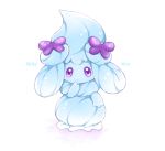  alcremie alcremie_(mint_cream) alcremie_(ribbon_sweet) cesar commentary_request creature english_text full_body gen_8_pokemon highres looking_at_viewer no_humans pokemon pokemon_(creature) purple_eyes simple_background solo standing white_background 