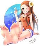  1girl absurdres bare_shoulders barefoot blush brown_eyes brown_hair crossed_ankles feet flower grin hair_flower hair_ornament highres idolmaster idolmaster_(classic) jewelry legs long_hair minase_iori necklace oolong_tea pov_feet shorts smile soles solo tank_top toes v white_background 