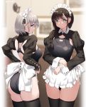  2girls apron aqua_eyes ass back_bow bangs black_hair black_legwear black_swimsuit blurry blush bow braid breasts closed_mouth competition_swimsuit cowboy_shot depth_of_field expressionless eyebrows_visible_through_hair indoors jonsun juliet_sleeves large_bow large_breasts long_hair long_sleeves looking_at_viewer maid maid_headdress mole mole_under_eye multiple_girls one-piece_swimsuit original picture_(object) puffy_sleeves shrug_(clothing) side_braid silver_hair skindentation smile swimsuit thighhighs twitter_username waist_apron white_apron white_bow wrist_cuffs 