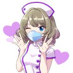  1girl blue_eyes bob_cut breasts brown_hair circuit58 commission eyebrows_visible_through_hair fingers hands hat heart idolmaster idolmaster_cinderella_girls looking_at_viewer mask medium_breasts mole mole_under_eye mouth_mask nurse nurse_cap one_eye_closed open_hands palms respirator short_hair solo spread_fingers takagaki_kaede white_uniform 