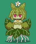  1girl alraune animal_ears bangs bare_shoulders bell bell_collar blush collar commentary_request detached_sleeves eyebrows_visible_through_hair flower full_body green_background green_collar green_hair green_skin green_sleeves hair_between_eyes hair_flower hair_ornament jingle_bell kemomimi-chan_(naga_u) leaf_bikini long_sleeves looking_at_viewer monster_girl monsterification naga_u navel original plant_girl red_eyes sleeves_past_fingers sleeves_past_wrists solo white_flower 