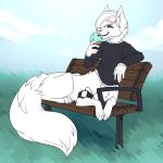  1:1 alyx_mcconville_(character) anonymous_artist bench canid canid_taur canine canine_taur clothed clothing dessert food fox fox_taur happy hi_res ice_cream male mammal mammal_taur medical_instrument mk outside partially_clothed scientific_instrument solo taur 