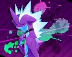  commentary_request creature gen_8_pokemon horn kurosiro no_humans pokemon pokemon_(creature) purple_background purple_theme solo striped striped_background toxtricity toxtricity_(low_key) upper_body 