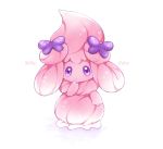 alcremie alcremie_(ribbon_sweet) alcremie_(ruby_cream) cesar commentary_request creature full_body gen_8_pokemon highres looking_at_viewer no_humans pokemon pokemon_(creature) purple_eyes simple_background solo standing white_background 