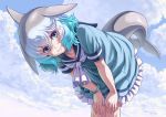  1girl blue_eyes blue_hair blue_sky blush bracelet closed_mouth cloud collarbone common_bottlenose_dolphin_(kemono_friends) day dolphin_tail eyebrows_visible_through_hair grey_hair hands_on_own_knees highres jewelry kemono_friends kosai_takayuki leaning_forward looking_at_viewer outdoors short_hair short_sleeves sky smile solo wavy_hair white_hair white_neckwear 