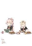  2girls :3 absurdres artist_logo black_jacket black_ribbon black_serafuku blonde_hair book closed_eyes cup dated doughnut food grey_sailor_collar hair_flaps hair_ornament hair_ribbon hairclip highres jacket kantai_collection long_hair mug multiple_girls neckerchief o_o pink_hair ponytail red_neckwear remodel_(kantai_collection) ribbon sailor_collar school_uniform serafuku shanghmely short_sleeves simple_background upper_body very_long_hair white_background yura_(kantai_collection) yuudachi_(kantai_collection) 