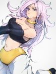  1girl android_21 bare_shoulders blue_eyes breasts choker cleavage collarbone dragon_ball dragon_ball_fighterz earrings grey_background hoop_earrings jewelry kemachiku lavender_hair long_hair looking_at_viewer majin_android_21 medium_breasts midriff navel simple_background solo yellow_choker 