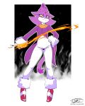  2020 4:5 abstract_background anthro blaze_the_cat claws clothing dipstick_tail domestic_cat felid feline felis female fire footwear fur gloves hair handwear hardtones hi_res looking_at_viewer mammal multicolored_tail orange_eyes ponytail purple_body purple_fur shoes simple_background smile solo sonic_the_hedgehog_(series) standing 