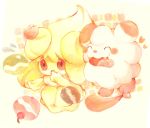  ^_^ alcremie alcremie_(lemon_cream) alcremie_(love_sweet) closed_eyes commentary creature english_commentary fangs full_body gen_6_pokemon gen_8_pokemon heart highres no_humans poke_puff pokemon pokemon_(creature) pumo_(pixiv35828200) red_eyes simple_background swirlix tongue tongue_out traditional_media watercolor_pencil_(medium) white_background 