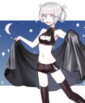  1girl :d bare_shoulders black_legwear black_shorts blue_sky braid buttoniris cleavage_cutout commentary crescent_moon crop_top english_commentary fang grey_hair groin moon nanakusa_nazuna_(yofukashi_no_uta) navel night night_sky open_mouth purple_eyes ringed_eyes shawl short_shorts shorts sky smile solo standing star thighhighs yofukashi_no_uta 