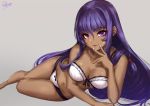  1girl bangs bare_shoulders blush bra breasts cleavage collarbone dark_skin fate/grand_order fate_(series) legs long_hair looking_at_viewer lying medium_breasts navel nitocris_(fate/grand_order) on_side panties parted_lips purple_eyes purple_hair sakiyamama sidelocks signature simple_background smile solo underwear very_long_hair white_bra white_panties 