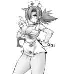  +_+ 1girl breasts choker cleavage dress eyepatch gloves greyscale hat highres kelvin_hiu large_breasts long_hair looking_at_viewer mask microdress monochrome mouth_mask name_tag nurse_cap one-eyed ponytail pose saw skullgirls solo surgical_mask thick_thighs thighs valentine_(skullgirls) white_background 