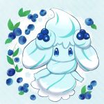  alcremie alcremie_(berry_sweet) alcremie_(mint_cream) ayan_(pixiv46456904) blue_eyes blueberry commentary_request creature food fruit full_body gen_8_pokemon highres looking_at_viewer no_humans pokemon pokemon_(creature) simple_background solo white_background 