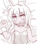  1girl :d animal_ear_fluff animal_ears bangs bare_shoulders bed_sheet blush bunny_ears collar eyebrows_visible_through_hair hair_between_eyes hand_up heart highres leotard long_hair lying masurao_(sekaiju) monochrome naga_u on_back open_mouth sekaiju_no_meikyuu sekaiju_no_meikyuu_5 smile solo strapless strapless_leotard thick_eyebrows upper_body wrist_cuffs 