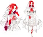  1girl barefoot bride bright_pupils buttoniris closed_mouth commentary dress english_commentary gloves hair_over_one_eye highres long_hair multiple_views original red_eyes red_gloves red_hair ribs simple_background skeleton_print standing veil very_long_hair wedding_dress white_background white_dress 