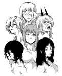  6+girls akane_sawatari_(chainsaw_man) black_choker black_hair blush breasts chainsaw_man choker closed_mouth demon_girl demon_horns expressionless eyebrows_visible_through_hair eyepatch fangs group_picture highres horns long_hair looking_at_viewer looking_away looking_to_the_side makima_(chainsaw_man) medium_breasts medium_hair mole mole_under_eye mole_under_mouth monochrome monster_girl multiple_girls no_bra no_nipples nude open_mouth power_(chainsaw_man) quanxi_(chainsaw_man) reze_(chainsaw_man) ringed_eyes santa_claus_(chainsaw_man) sharp_teeth short_hair simple_background slit_pupils small_breasts smile smirk teeth upper_body white_background zanki 