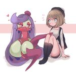 2girls alternate_color black_legwear blue_eyes breasts claire_(clarevoir) clarevoir commentary creature english_commentary eye_contact full_body gen_7_pokemon heart looking_at_another multiple_girls no_shoes pokemon pokemon_(creature) pokemon_(game) pokemon_swsh purple_eyes shiny_pokemon sitting small_breasts socks tsareena yuuri_(pokemon) 