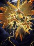  2016 bird bird_focus blank_eyes claws electricity flying gen_1_pokemon legendary_pokemon looking_at_viewer pokemon pokemon_(creature) signature tia_(iris-sempi) zapdos 