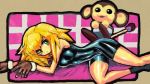  1girl animal blonde_hair blush bodystocking breasts brown_gloves closed_mouth dakusuta data_(rockman_dash) gloves green_eyes long_hair looking_at_viewer monkey open_mouth rockman rockman_dash roll_caskett skin_tight smile 