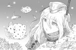  1girl coral fish garrison_cap hat kantai_collection long_hair monochrome sebas_murasaki u-511_(kantai_collection) underwater 