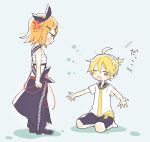  1boy 1girl anger_vein barcode black_bow black_collar black_skirt blonde_hair blush_stickers bow chibi closed_eyes collar commentary facial_tattoo facing_another green_eyes hair_bow hair_ornament hairclip headphones kagamine_len kagamine_rin looking_at_another neckerchief necktie outstretched_arms project_diva_(series) red_string sailor_collar sarashi school_uniform seiza shirt short_hair short_shorts short_sleeves shorts sitting skirt strange_dark_(module) string suzumi_(fallxalice) tattoo translated vocaloid white_shirt 