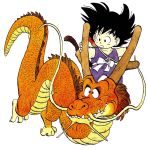  1boy :o animal black_eyes black_hair collarbone commentary dougi dragon dragon_ball dragon_ball_(classic) dragon_riding english_commentary expressionless fingernails floating_hair flying full_body grabbing highres horn_grab horns looking_afar looking_away male_focus messy_hair monkey_tail nyoibo official_art open_mouth red_eyes riding sharp_teeth simple_background son_gokuu spiked_hair standing tail teeth toriyama_akira whiskers white_background 