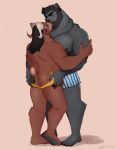  anthro anthro_on_anthro beard biped black_body black_fur blush boxers_(clothing) brown_bear brown_body brown_fur bulge butt butt_grab claws clothed clothing duo ear_piercing eyes_closed facial_hair fur grizzly_bear grope groping_butt hand_on_butt hi_res horn hybrid jockstrap kissing male male/male mammal muscular muscular_male naluzk partially_clothed pecs piercing sharp_claws simple_background size_difference slightly_chubby standing thick_thighs tongue tongue_out umber_(oskube) underwear ursid ursine 