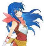  1girl blue_eyes blue_hair caeda_(fire_emblem) closed_mouth fire_emblem fire_emblem:_mystery_of_the_emblem fire_emblem_heroes highres kyufe long_hair pink_scarf scarf simple_background smile solo upper_body white_background younger 