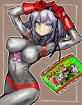  1girl blue_eyes bodysuit breasts breasts_day candy_wrapper closed_mouth cosplay covered_nipples dagashi_kashi dakusuta flower gloves hair_flower hair_ornament hairband highres looking_at_viewer purple_hair shidare_hotaru short_hair smile solo 