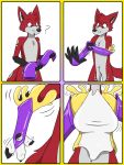  2018 3:4 black_nose breasts canid canine claws clothing confusion digimon digimon_(species) ear_tuft fox fox0808 gender_transformation gloves goo_transformation handwear hi_res mammal markings mtf_transformation red_body red_eyes renamon transformation tuft white_body yellow_body 
