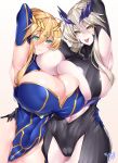  2girls armpits arms_around_waist artoria_pendragon_(all) artoria_pendragon_(lancer) artoria_pendragon_(lancer_alter) blonde_hair blush bodysuit braid breasts cropped_legs crown elbow_gloves eyebrows eyebrows_visible_through_hair fate/grand_order fate_(series) gloves green_eyes hair_between_eyes highres horns huge_breasts leotard looking_at_viewer multiple_girls naughty_face platinum_blonde_hair ribbed_bodysuit sidelocks smile tongue tongue_out underboob watosu watosu_(watosu_mama) yellow_eyes 