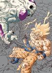  2boys abs anger_vein angry blonde_hair blood blood_on_face blue_footwear boots clenched_hands clenched_teeth cloud cloudy_sky collarbone destruction dirty dirty_clothes dirty_face dougi dragon_ball dragon_ball_z dust dutch_angle electricity fingernails floating_rock flying frieza from_above frown green_eyes grey_background grin highres lee_(dragon_garou) lightning lightning_bolt looking_at_another looking_down male_focus monochrome mountain multiple_boys muscle nipples open_mouth partially_colored pectorals profile red_eyes rock shaded_face shirt simple_background sky smile son_gokuu spiked_hair super_saiyan teeth torn_clothes torn_legwear torn_shirt v-shaped_eyebrows veins wristband 