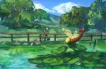  1boy blue_sky creature day fence fisherman_(pokemon) fishing fishing_rod flying gen_2_pokemon gen_3_pokemon holding holding_fishing_rod lotad outdoors pokemon pokemon_(creature) pokemon_(game) pokemon_oras ponimu sky tree water yanma 