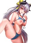  1girl absurdres artist_name bangs bikini black_horns blue_bikini blue_swimsuit blush bow breasts collarbone commentary dragon_horns fate/grand_order fate_(series) high_ponytail highres horns ichikawayan kiyohime_(fate/grand_order) kiyohime_(swimsuit_lancer)_(fate) large_breasts leg_up long_hair navel nipples open_mouth ponytail red_eyes shiny shiny_skin sidelocks solo swimsuit very_long_hair white_hair yellow_bow 