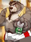  2019 anthro belly bodily_fluids brown_body brown_fur bulge clothing fur hi_res humanoid_hands kemono male mammal moobs navel nipples overweight overweight_male pubes raichoclub solo sweat towel underwear ursid 