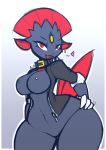  &lt;3 anthro bottomless breasts claws clothed clothing collar curvaceous curvy_figure exposed_breasts featureless_breasts featureless_crotch female hi_res looking_at_viewer mammal mostly_nude mustela mustelid musteline nintendo nipple_piercing nipples partially_clothed piercing pok&eacute;mon pok&eacute;mon_(species) r-mk seductive solo thick_thighs video_games voluptuous weavile wide_hips 