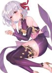  1girl armlet armor bangs bare_shoulders bikini_armor blush bracelet breasts collar detached_sleeves dress earrings fate/grand_order fate_(series) floral_print hair_ribbon jewelry kama_(fate/grand_order) legs looking_at_viewer lying metal_collar miniskirt on_side pelvic_curtain purple_dress purple_legwear purple_skirt purple_sleeves red_eyes ribbon ring sandals short_hair silver_hair simple_background skirt small_breasts solo suzuho_hotaru thighhighs thighlet white_background 