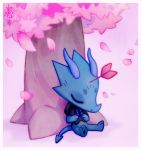  animal_crossing anthro arrow arrowed blue_body blue_skin border chibi clothed clothing dragon horn nintendo petals pink_background purpleshifter sakura simple_background solo tree video_games white_border 