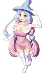  1girl blush breasts cleavage commentary_request eyelashes gen_8_pokemon gloves hat hatterene highres large_breasts long_hair looking_at_viewer personification pink_hair pokemon smile very_long_hair white_gloves witch_hat yukimura_chisa 