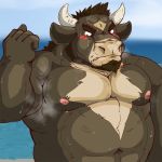  2019 anthro belly blush bodily_fluids bovid bovine cattle humanoid_hands kemono male mammal moobs musclegut navel nipples outside overweight overweight_male raichoclub solo sweat 