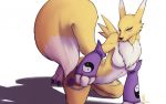  2020 asarkadraws black_claws black_nose black_sclera blue_eyes breasts claws digimon digimon_(species) female fur markings purple_markings renamon solo toe_claws tuft white_body white_fur yellow_body yellow_fur 