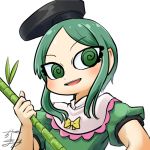  1girl al_bhed_eyes avatar_icon bamboo bow chamaji commentary dress eyebrows_visible_through_hair frilled_shirt_collar frills green_dress green_hair hat holding_bamboo_shoot looking_at_viewer lowres short_hair short_hair_with_long_locks short_sleeves signature solo tate_eboshi teireida_mai touhou upper_body white_background yellow_bow 