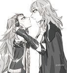  2girls armor black_cape braid byleth_(fire_emblem) byleth_(fire_emblem)_(female) cape fire_emblem fire_emblem:_three_houses from_side greyscale hair_ornament hair_ribbon hands_on_another&#039;s_face highres long_hair medium_hair monochrome multiple_girls nimae04 pointy_ears pout ribbon ribbon_braid sothis_(fire_emblem) tiara upper_body white_background yuri 