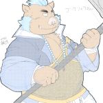  2018 anthro belly bottomwear brown_body brown_fur clothing fur gouryou humanoid_hands kemono male mammal overweight overweight_male pants shirt simple_background solo suid suina sus_(pig) tanutronik753_k tokyo_afterschool_summoners topwear video_games white_background wild_boar 