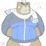  2018 anthro ashigara brown_body brown_fur clothing fur japanese_text kemono male mammal overweight overweight_male scarf solo sweater tanutronik753_k text tokyo_afterschool_summoners topwear ursid video_games 