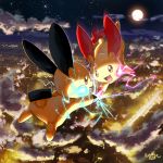  2019 city cloud cloudy_sky commentary_request electricity eye_contact falling full_body gen_3_pokemon happy highres ko-yuki-chan looking_at_another minun night night_sky no_humans plusle pokemon pokemon_(creature) scenery signature sky 