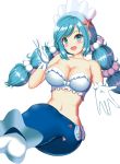  1girl :d bikini_top blue_eyes blue_hair blush breasts cleavage eyelashes gen_7_pokemon gloves highres large_breasts looking_at_viewer mermaid midriff monster_girl navel open_mouth personification pokemon primarina simple_background smile solo twintails white_background white_gloves yukimura_chisa 