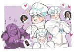  2boys annoyed candy capelet chocolate_bar cookie_run dark_choco_cookie food hairlocs male_focus milk_cookie mofgebo multiple_boys pauldrons personification purple_background purple_yam_cookie simple_background sitting spoken_character spoken_food white_hair 